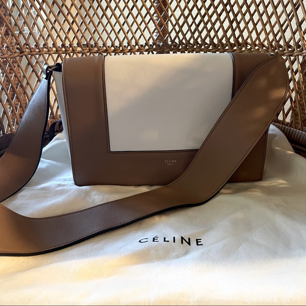 Céline Frame Tan and White Leather Shoulder Bag